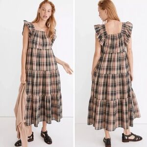 Madewell Flutter-Sleeve Tiered Midi Dress in Plaid